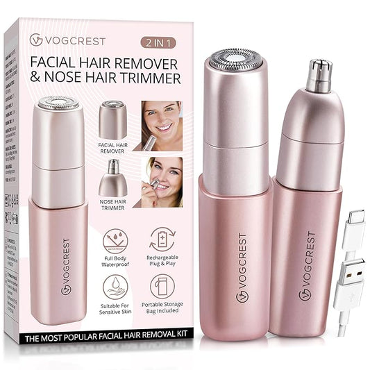 VGVOGCREST Nose & Ear Hair Trimmers – Facial - Nose Hair Remover Women: 2 in 1 Painless Electric Face Shaver and Nose Trimmer - Rechargeable Hair Removal Tool for Face Nose Ear Peach Fuzz Lips Chin