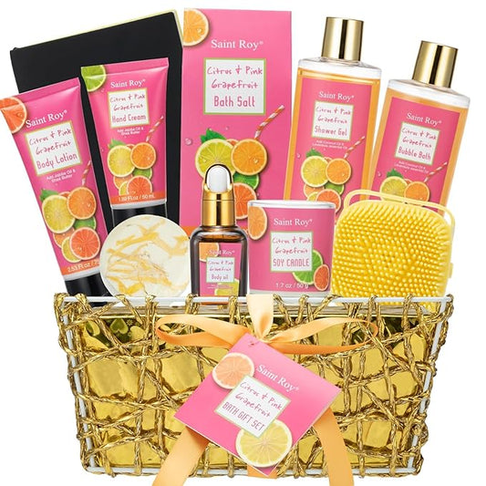SaintRoy Sets & Kits – Bath & Body Gift Set, Luxury Home Spa Bath Gift Basket Citrus & Pink Grapefruit Spa Kit Gift Woman, 11 Pcs Self Care Kit Gifts With Bubble Bath, Massage Oil, Bath Brush, Birthday Gifts for Women