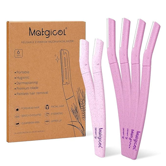 MATGICOL Eyebrow Trimmers – Eco-Friendly Women's Dermaplaning Razor - Multipurpose Exfoliating Tool with Anti-Cut Blades & Biodegradable Handle for Silky Skin & Perfect Brows (Purple-Pink)