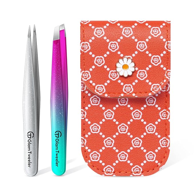 glowtalebaeuty Tweezers – Expert Slant and Point Tip Tweezer Set with Exclusive Travel Case, GlamTweeler Sharp & Precision Tweezer Set for Eyebrows, Facial Hairs & Fine Hairs Removal (Sparkle Purple & Turquoise + Silver)
