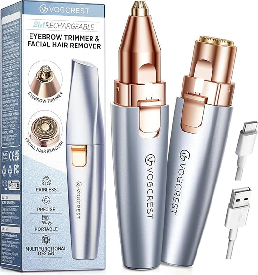 VGVOGCREST Eyebrow Trimmers – Eyebrow & Facial Trimmer: 2 in1 Rechargeable Facial Hair & Eyebrow Shaver - Painless LED Light (Sky Blue)