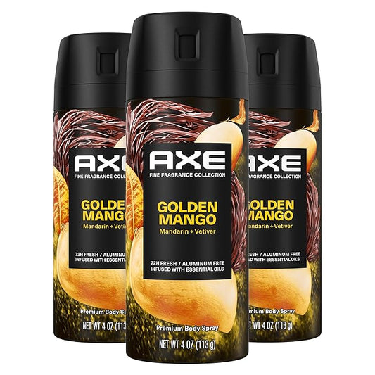 AXE Deodorant – AXE Fine Fragrance Collection Premium Deodorant Body Spray for Men Golden Mango 3 Count With 72H Odor Protection and Freshness Infused with Mango, Mandarin, and Vetiver Essential Oils 4 oz