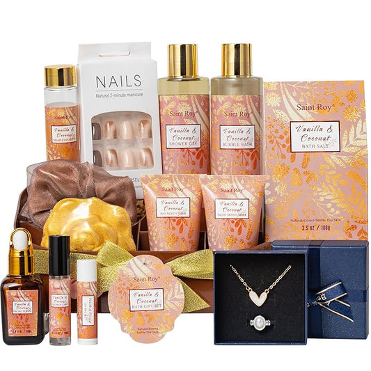 SaintRoy Sets & Kits – Luxury Gifts for Women, 16 Pcs Spa Gifts for Women of Coconut & Vanilla Scents Skin Care Kit, Facial Kit with Face Day Cream, Night Cream, Skincare Set, Skin Care Set Wrap in Makeup Storage Box