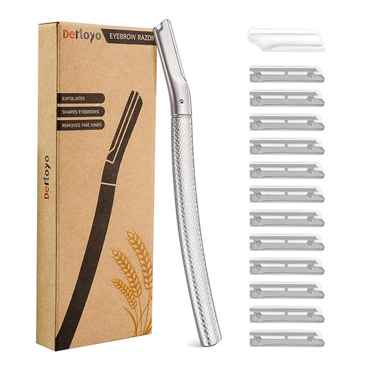 Derloyo Eyebrow Trimmers – Eyebrow Razor and Face Razor for Women, Reusable Metal Handle with 12 Refill Blades and Protective Silicone Cap, Eyebrow Hair Trimmer - Silver