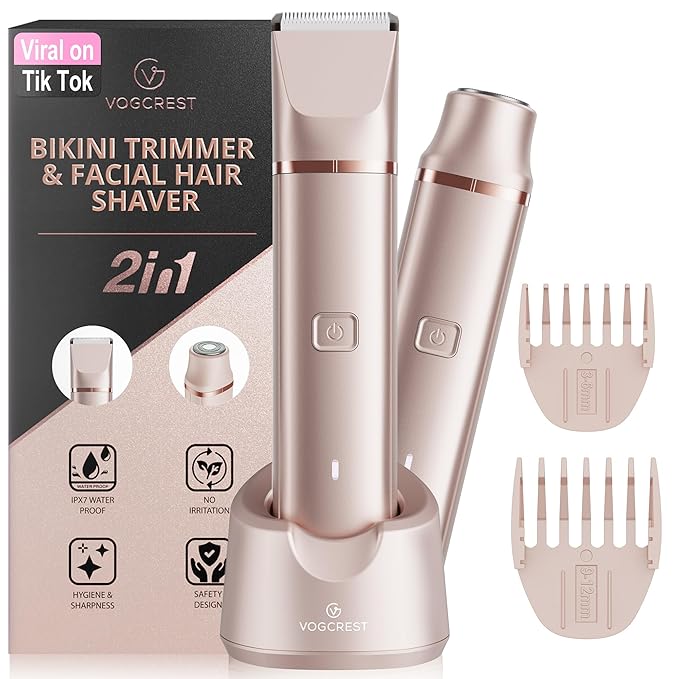 VGVOGCREST Bikini Trimmers – Electric Bikini Trimmer: 2 in1 Body Facial Hair Remover - Painless Pubic Hair Shaver (Rose Gold)