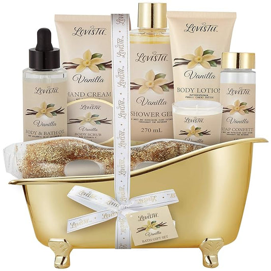 Lovestee Sets & Kits – Mothers Day Gifts, Spa Basket for Women, Vanilla Bath & Body Set, Christmas & Birthday Gift, Includes Shower Gel, Body Lotion, Hand Cream, Body Scrub, Message Oil, Candle, Eye Mask, Confetti