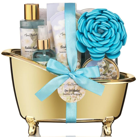 AquaElegante Sets & Kits – Spa Gift Baskets For Women - Luxury Bath Set With Jasmine & Lavender - Spa Kit Includes Body Wash, Bubble Bath, Lotion, Bath Salts, Body Scrub, Body Spray, Shower Puff, and Towel