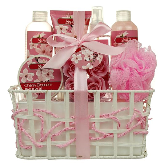 Lovestee Sets & Kits – Spa Bath and Body - Spa Gift Baskets for Women & Girls, Cherry Fragrance, Spa Birthday Gift Includes Loofah Sponge, Bath Salt, Body Lotion, Soap Rose, Body Mist, Shower Gel Bubble Bath