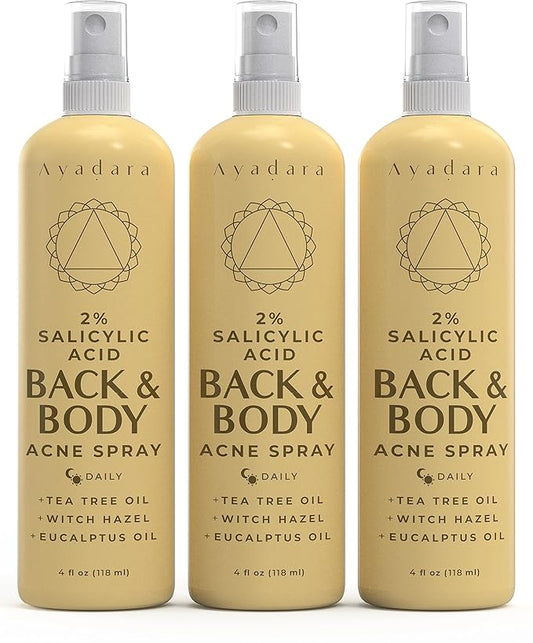 Ayadara Facial Peels – Acne Treatment Body Spray with 2% Salicylic Acid, Tea Tree Scent, for All Hair Types, Soothing and Moisturizing, 3-Pack